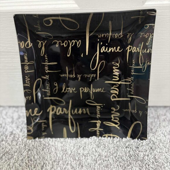 Beautiful Black with Gold Writing Glass Tray Size 9x9 inches - Picture 3 of 4